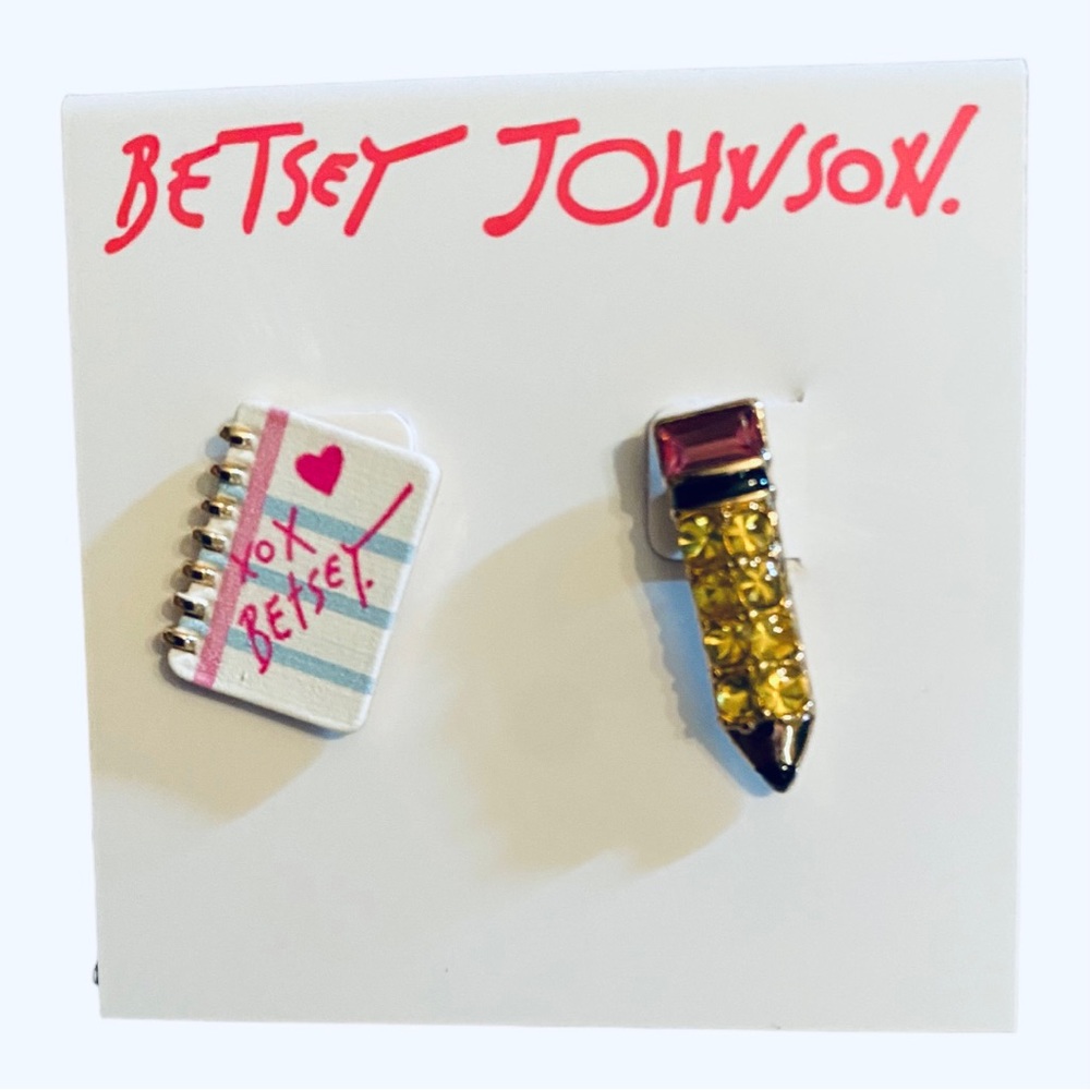 Betsey Johnson Mismatched Earrings Back to School Notebook & Pencil Post Set NWT - Picture 2 of 3
